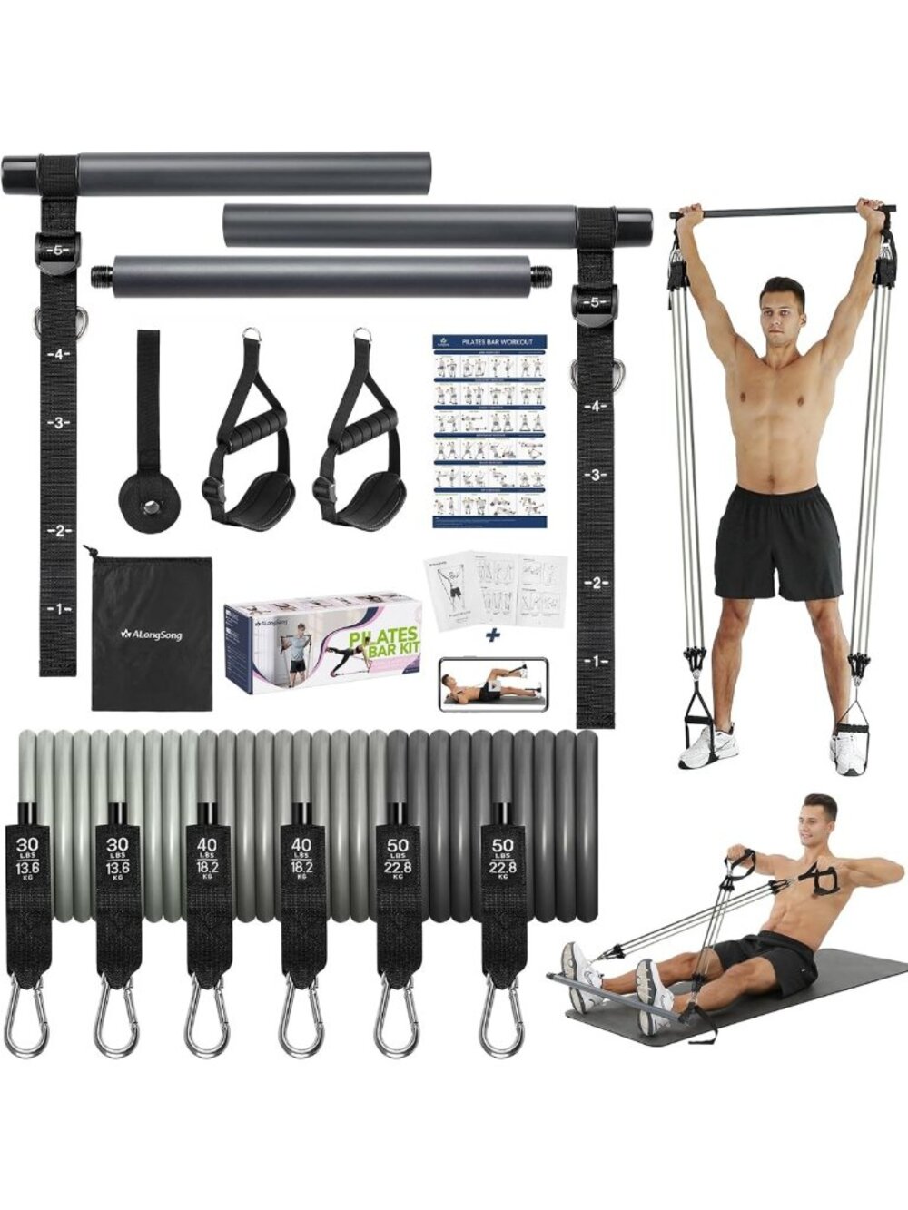 Heavy-Duty Pilates Bar Kit with Resistance Bands - Full-Body Home Gym Fitness
